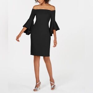 NWT Calvin Klein Black Off-the-Shoulder Bell Sleeve Sheath Cocktail Dress- Sz 6